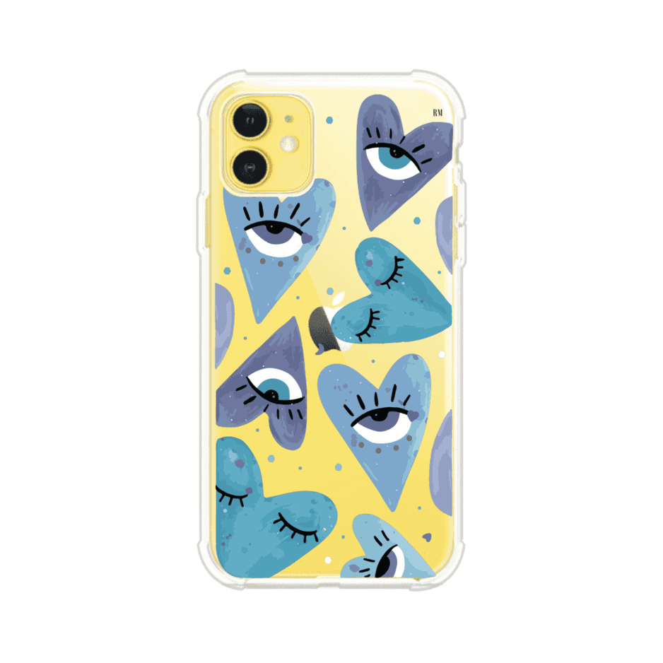 Funda para iPhone con corazones azules y ojos ilustrados, diseño artístico original y expresivo para un estilo auténtico. Producto de Remark Mx