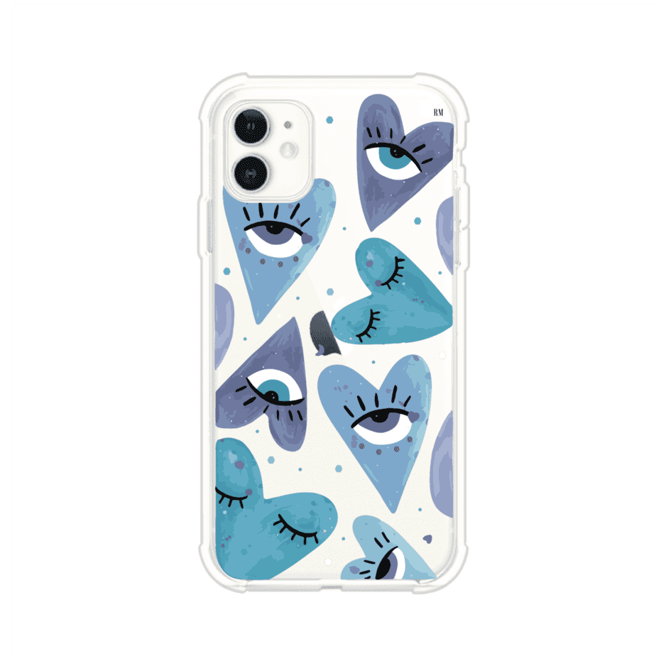 Funda para iPhone con corazones azules y ojos ilustrados, diseño artístico original y expresivo para un estilo auténtico. Producto de Remark Mx