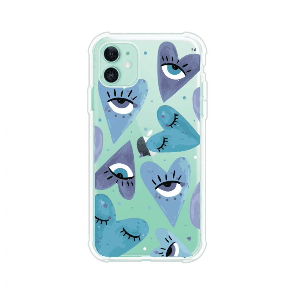 Funda para iPhone con corazones azules y ojos ilustrados, diseño artístico original y expresivo para un estilo auténtico. Producto de Remark Mx