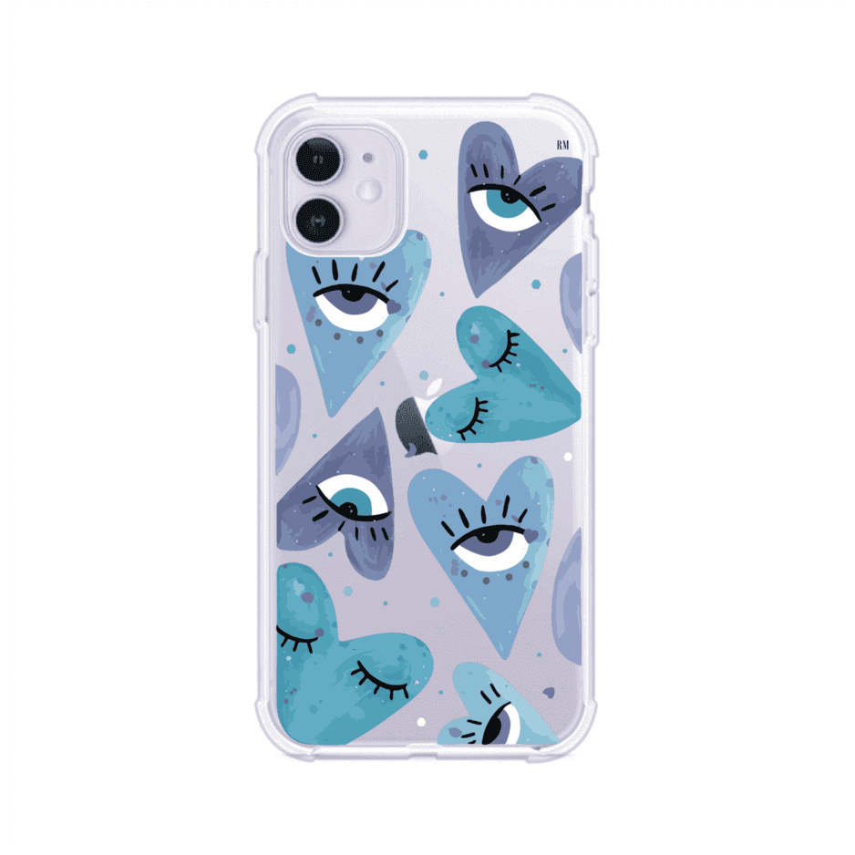 Funda para iPhone con corazones azules y ojos ilustrados, diseño artístico original y expresivo para un estilo auténtico. Producto de Remark Mx