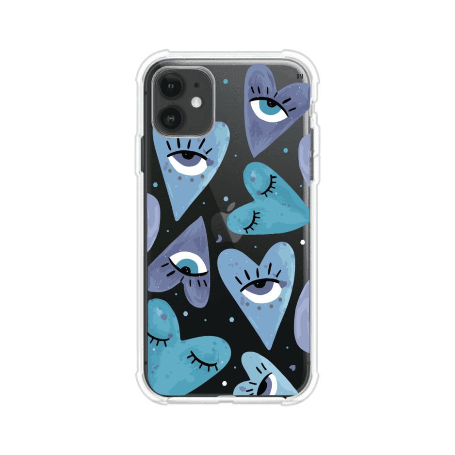 Funda para iPhone con corazones azules y ojos ilustrados, diseño artístico original y expresivo para un estilo auténtico. Producto de Remark Mx