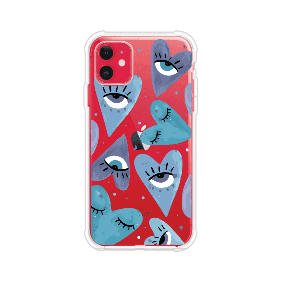 Funda para iPhone con corazones azules y ojos ilustrados, diseño artístico original y expresivo para un estilo auténtico. Producto de Remark Mx