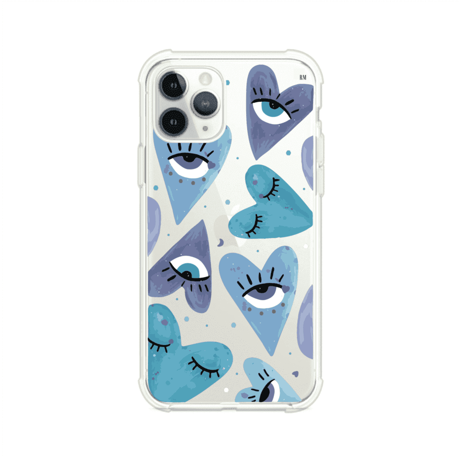 Funda para iPhone con corazones azules y ojos ilustrados, diseño artístico original y expresivo para un estilo auténtico. Producto de Remark Mx