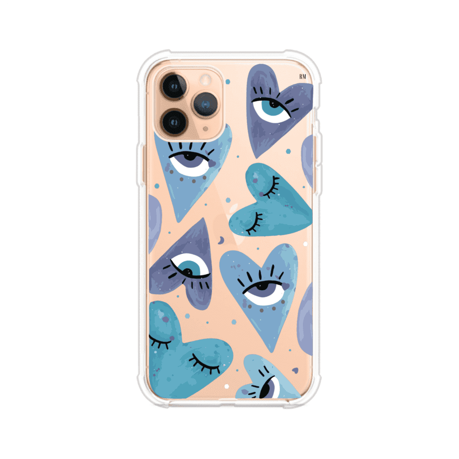 Funda para iPhone con corazones azules y ojos ilustrados, diseño artístico original y expresivo para un estilo auténtico. Producto de Remark Mx