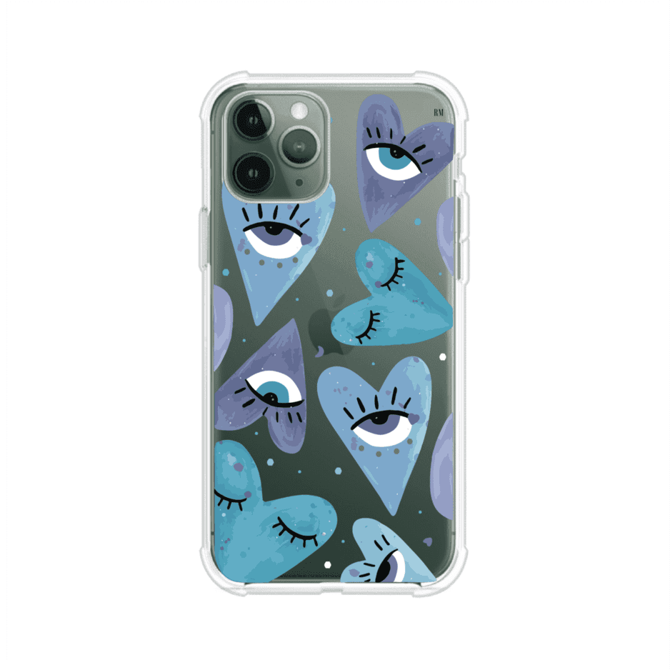 Funda para iPhone con corazones azules y ojos ilustrados, diseño artístico original y expresivo para un estilo auténtico. Producto de Remark Mx