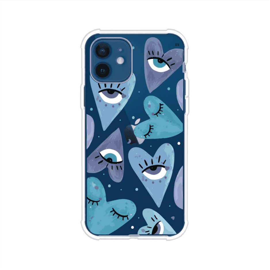 Funda para iPhone con corazones azules y ojos ilustrados, diseño artístico original y expresivo para un estilo auténtico. Producto de Remark Mx