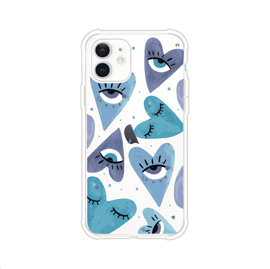 Funda para iPhone con corazones azules y ojos ilustrados, diseño artístico original y expresivo para un estilo auténtico. Producto de Remark Mx