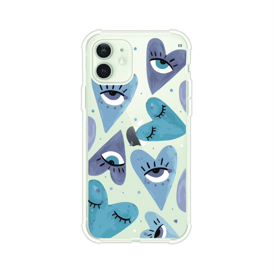 Funda para iPhone con corazones azules y ojos ilustrados, diseño artístico original y expresivo para un estilo auténtico. Producto de Remark Mx