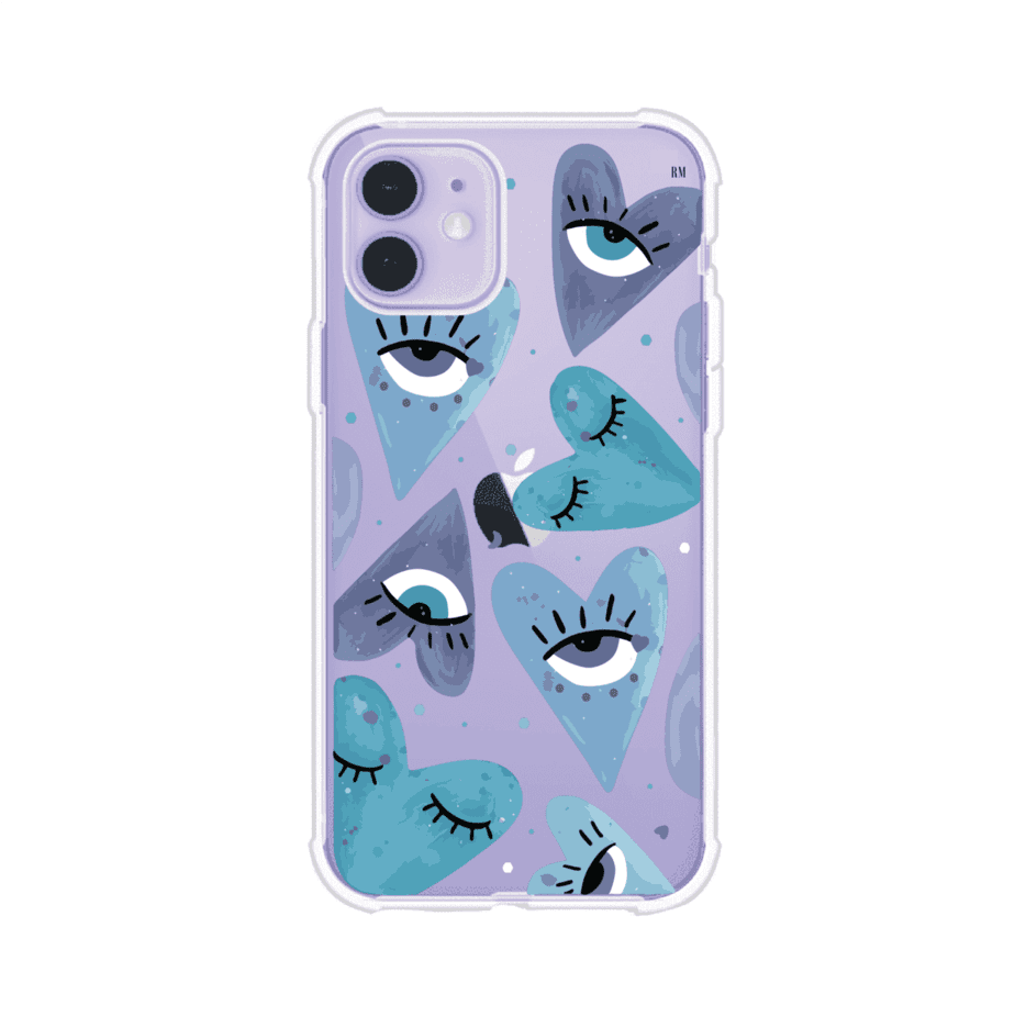 Funda para iPhone con corazones azules y ojos ilustrados, diseño artístico original y expresivo para un estilo auténtico. Producto de Remark Mx