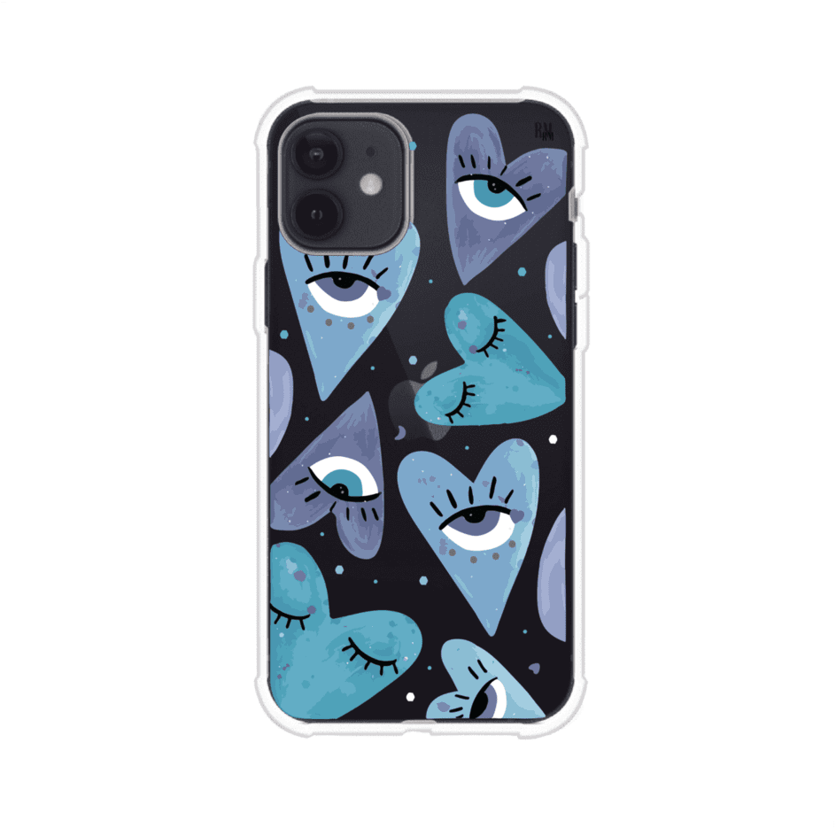 Funda para iPhone con corazones azules y ojos ilustrados, diseño artístico original y expresivo para un estilo auténtico. Producto de Remark Mx