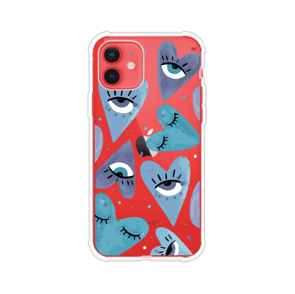 Funda para iPhone con corazones azules y ojos ilustrados, diseño artístico original y expresivo para un estilo auténtico. Producto de Remark Mx