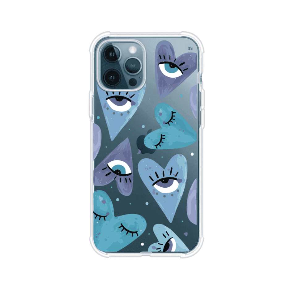 Funda para iPhone con corazones azules y ojos ilustrados, diseño artístico original y expresivo para un estilo auténtico. Producto de Remark Mx