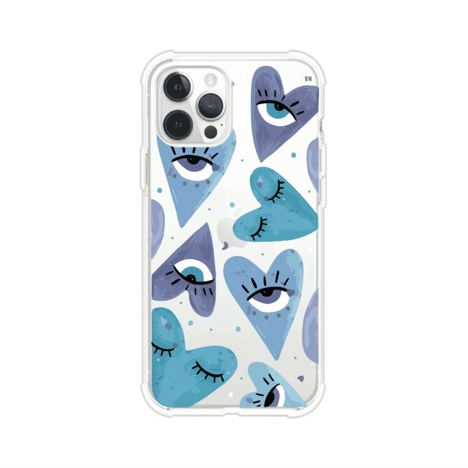 Funda para iPhone con corazones azules y ojos ilustrados, diseño artístico original y expresivo para un estilo auténtico. Producto de Remark Mx