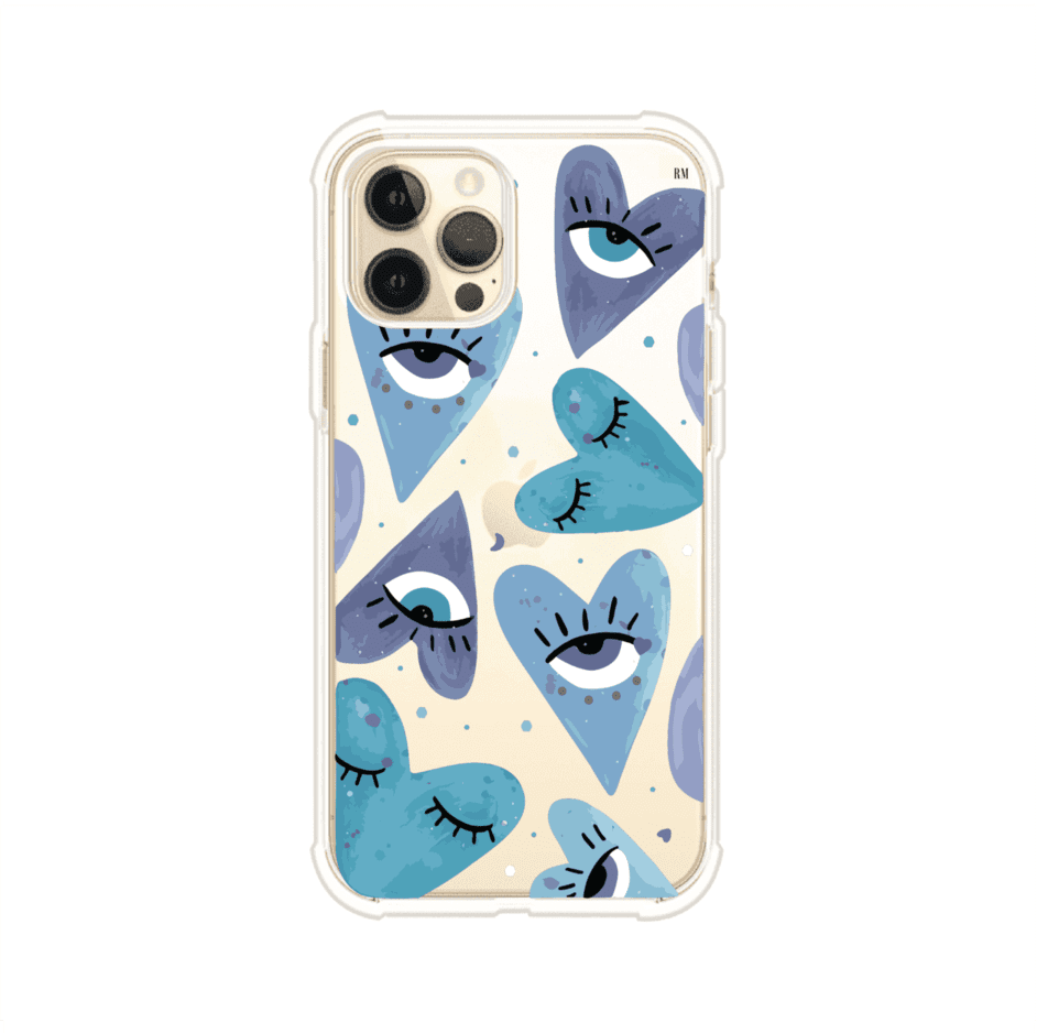 Funda para iPhone con corazones azules y ojos ilustrados, diseño artístico original y expresivo para un estilo auténtico. Producto de Remark Mx