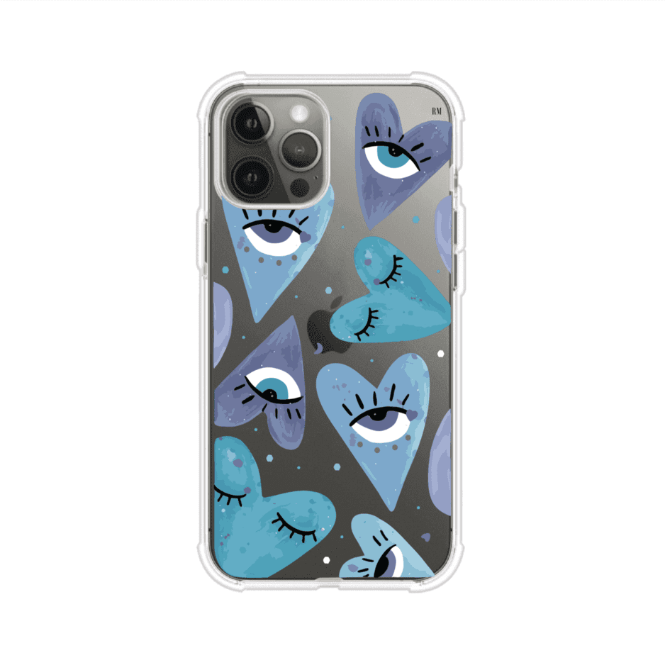 Funda para iPhone con corazones azules y ojos ilustrados, diseño artístico original y expresivo para un estilo auténtico. Producto de Remark Mx