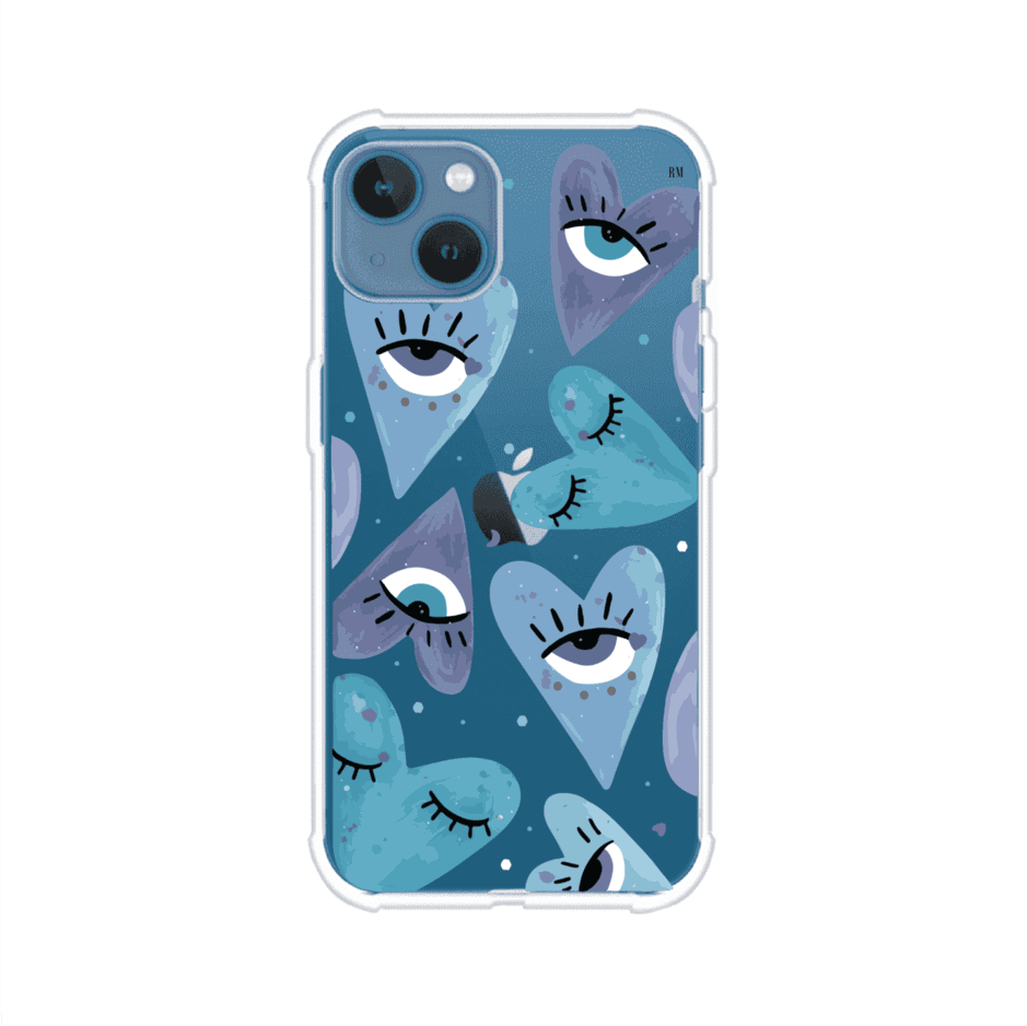 Funda para iPhone con corazones azules y ojos ilustrados, diseño artístico original y expresivo para un estilo auténtico. Producto de Remark Mx