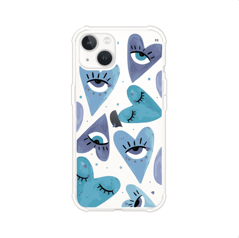 Funda para iPhone con corazones azules y ojos ilustrados, diseño artístico original y expresivo para un estilo auténtico. Producto de Remark Mx