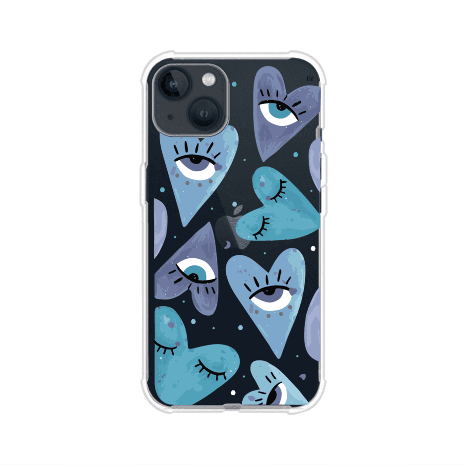Funda para iPhone con corazones azules y ojos ilustrados, diseño artístico original y expresivo para un estilo auténtico. Producto de Remark Mx