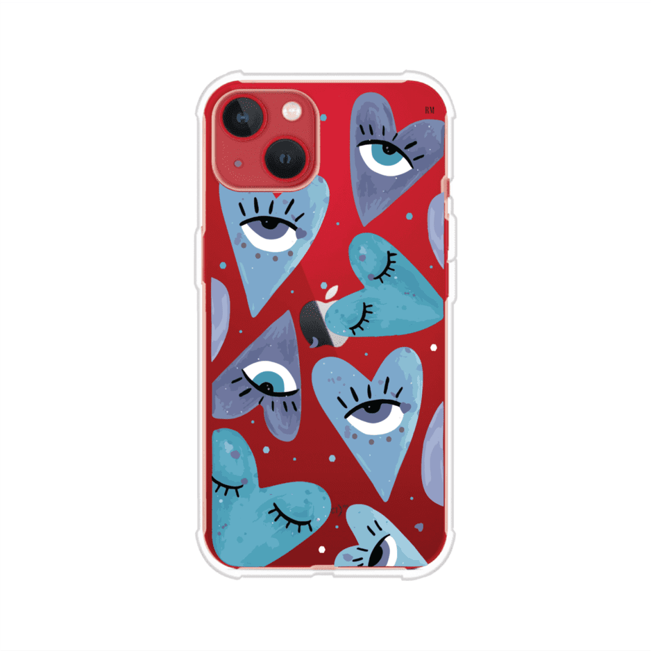 Funda para iPhone con corazones azules y ojos ilustrados, diseño artístico original y expresivo para un estilo auténtico. Producto de Remark Mx
