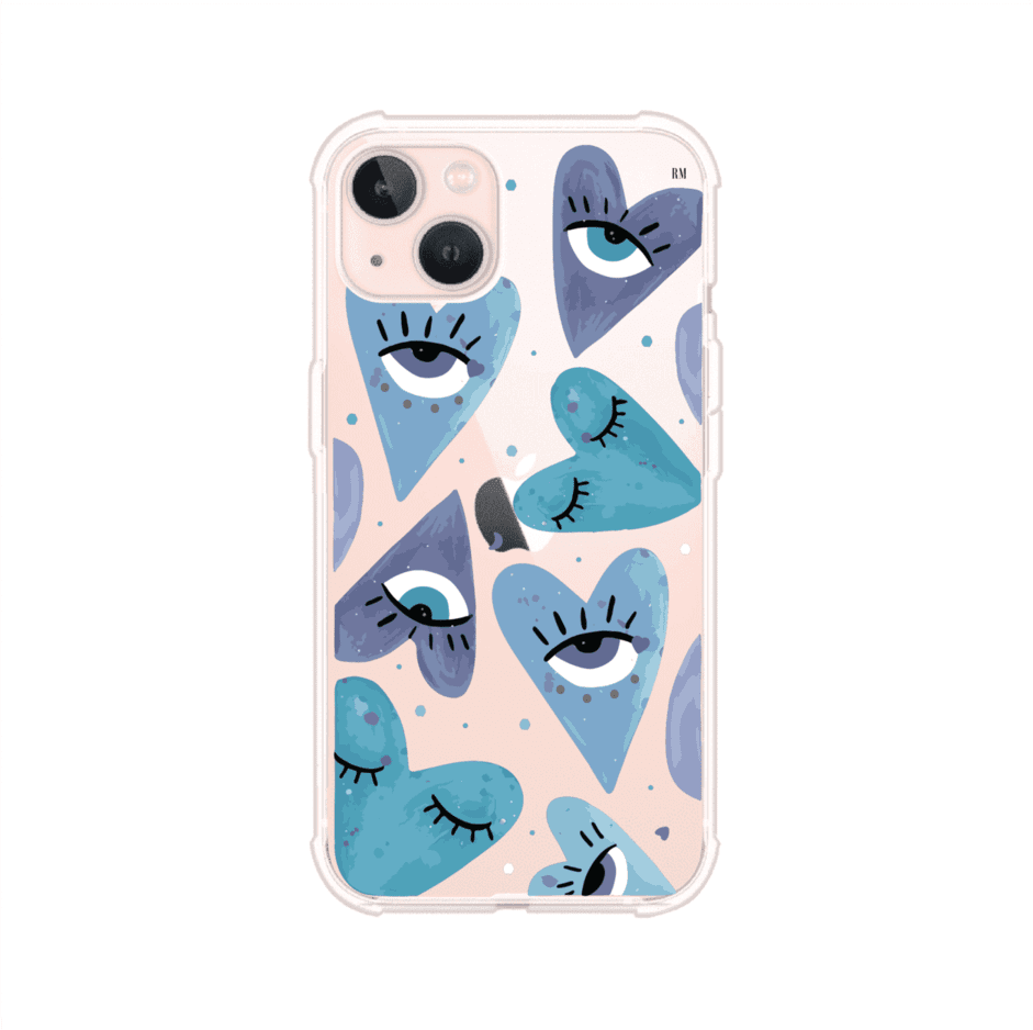 Funda para iPhone con corazones azules y ojos ilustrados, diseño artístico original y expresivo para un estilo auténtico. Producto de Remark Mx