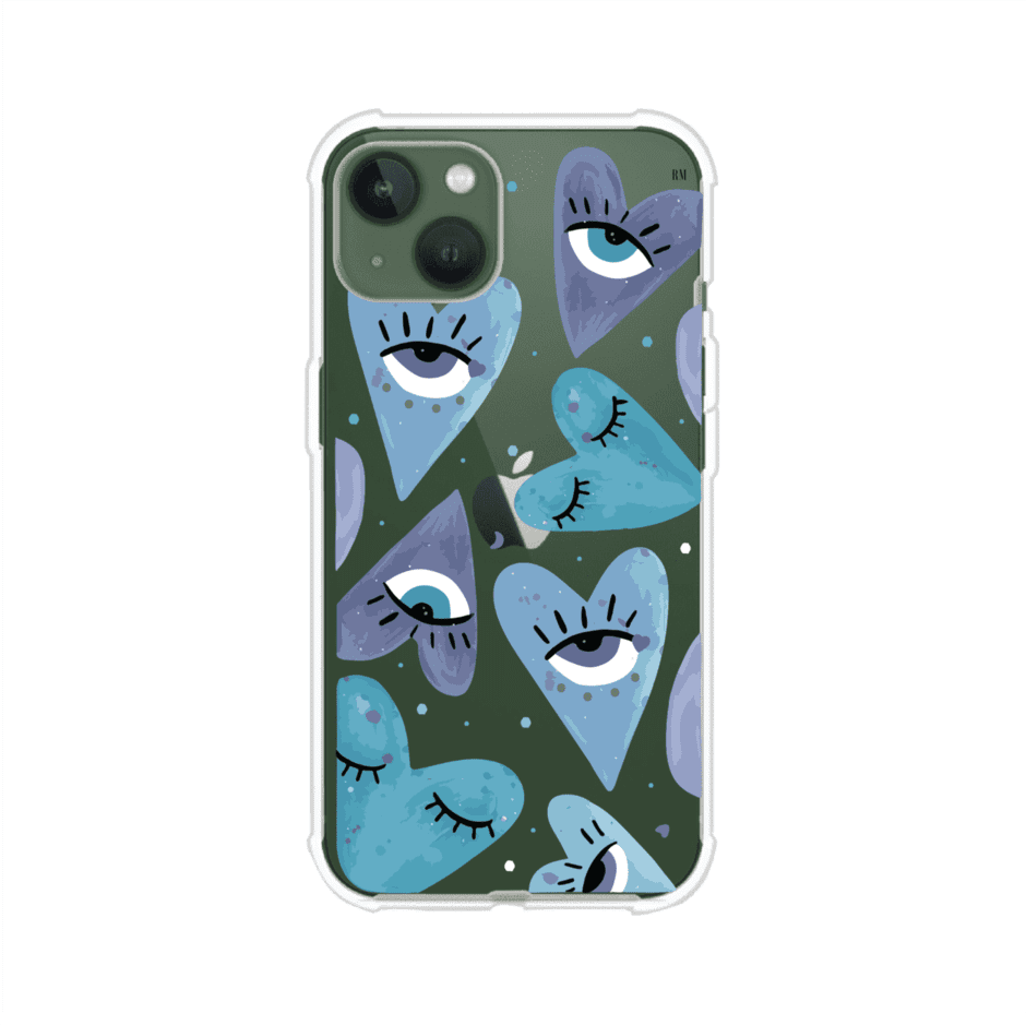 Funda para iPhone con corazones azules y ojos ilustrados, diseño artístico original y expresivo para un estilo auténtico. Producto de Remark Mx