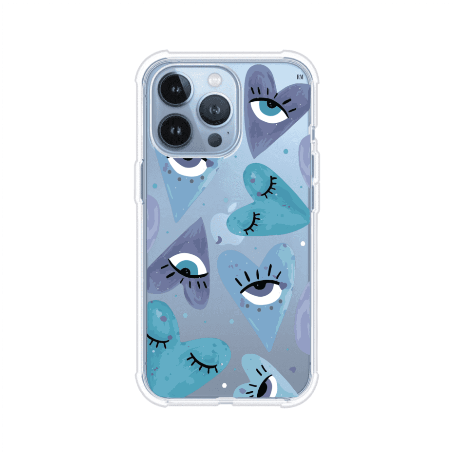 Funda para iPhone con corazones azules y ojos ilustrados, diseño artístico original y expresivo para un estilo auténtico. Producto de Remark Mx