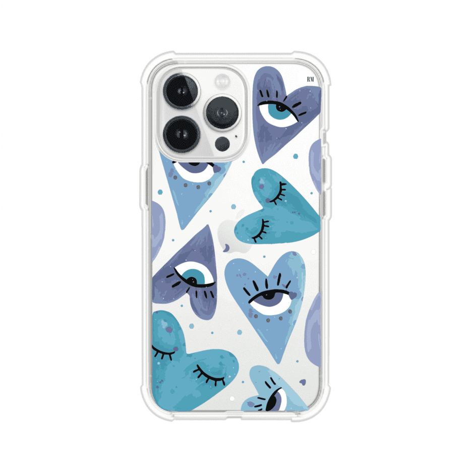 Funda para iPhone con corazones azules y ojos ilustrados, diseño artístico original y expresivo para un estilo auténtico. Producto de Remark Mx