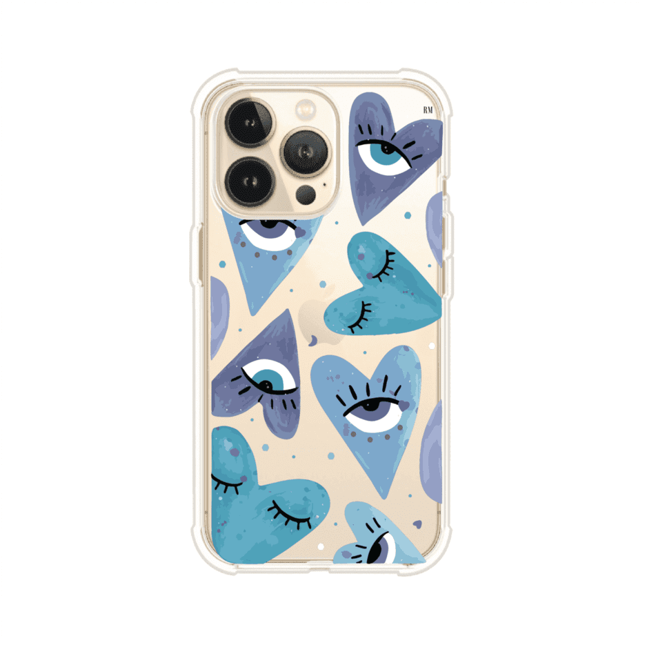 Funda para iPhone con corazones azules y ojos ilustrados, diseño artístico original y expresivo para un estilo auténtico. Producto de Remark Mx