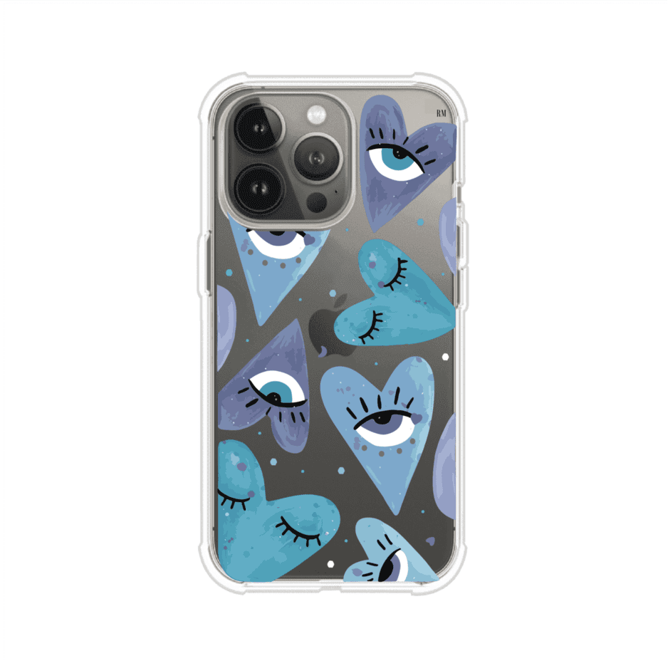 Funda para iPhone con corazones azules y ojos ilustrados, diseño artístico original y expresivo para un estilo auténtico. Producto de Remark Mx