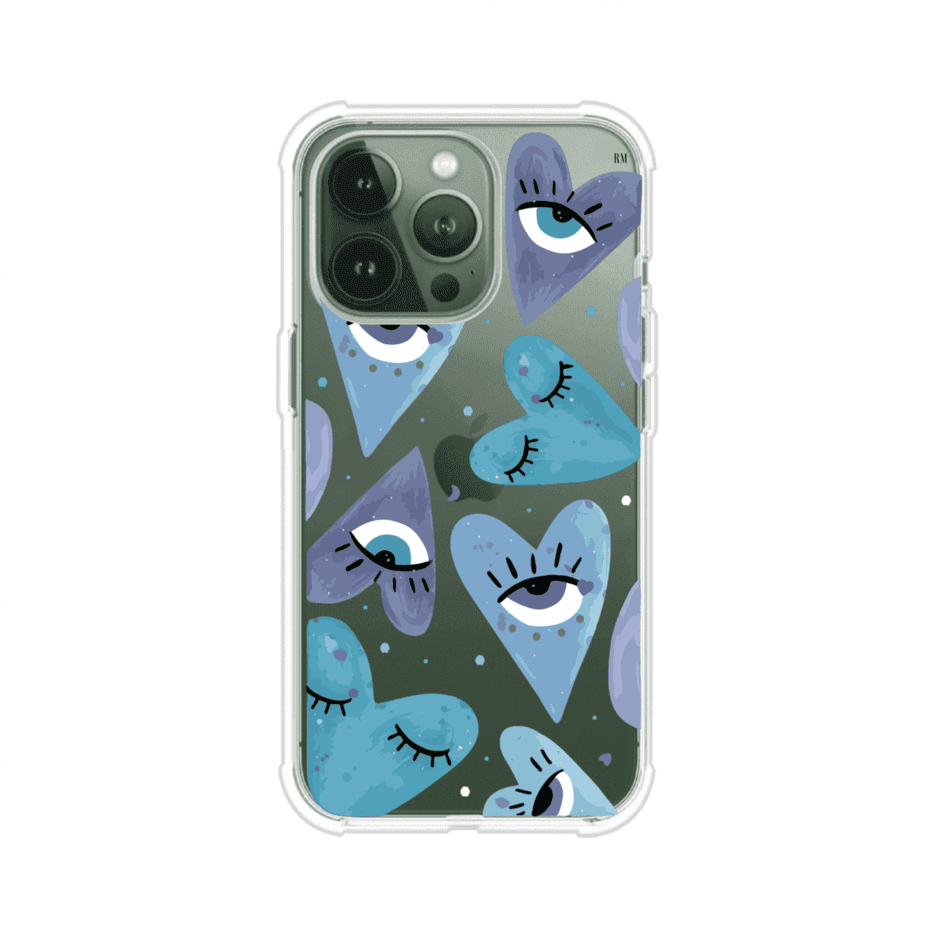 Funda para iPhone con corazones azules y ojos ilustrados, diseño artístico original y expresivo para un estilo auténtico. Producto de Remark Mx