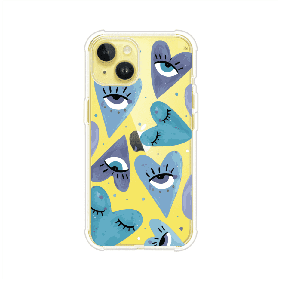Funda para iPhone con corazones azules y ojos ilustrados, diseño artístico original y expresivo para un estilo auténtico. Producto de Remark Mx