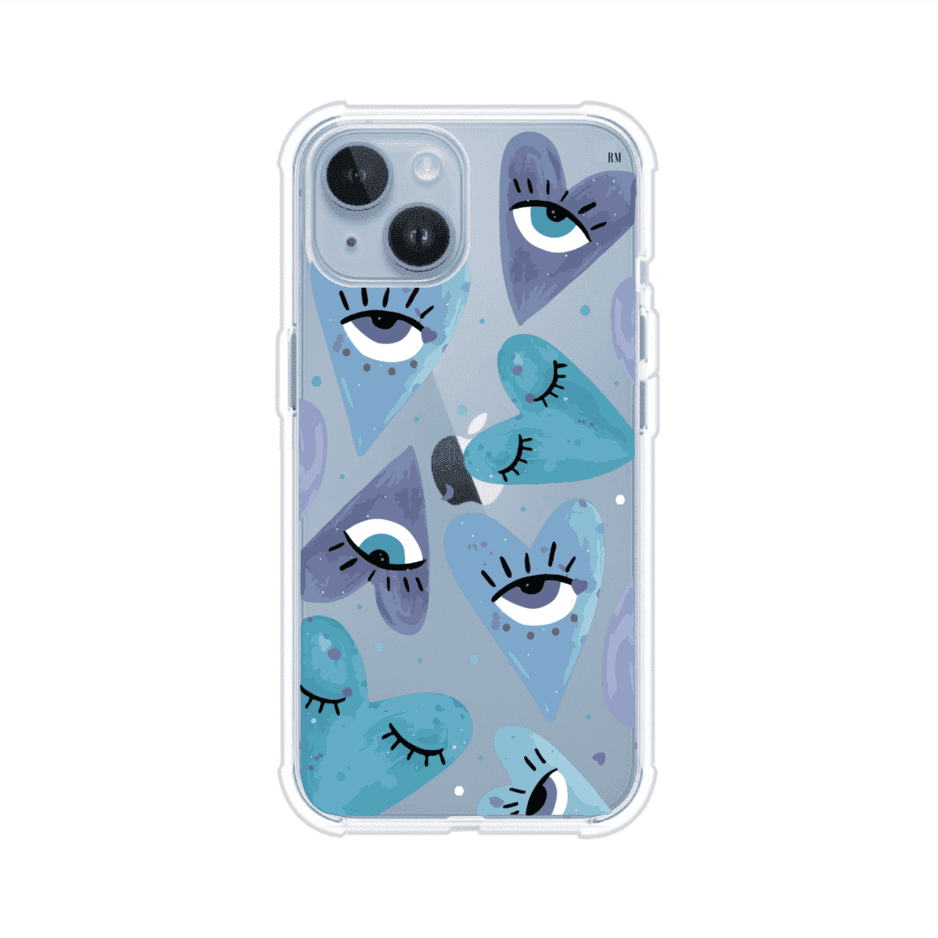 Funda para iPhone con corazones azules y ojos ilustrados, diseño artístico original y expresivo para un estilo auténtico. Producto de Remark Mx