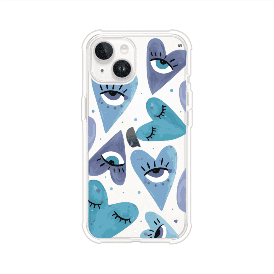 Funda para iPhone con corazones azules y ojos ilustrados, diseño artístico original y expresivo para un estilo auténtico. Producto de Remark Mx