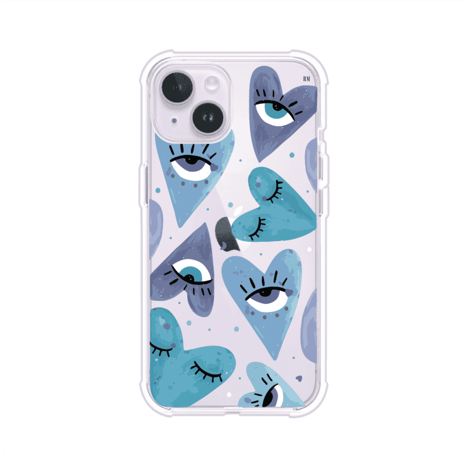Funda para iPhone con corazones azules y ojos ilustrados, diseño artístico original y expresivo para un estilo auténtico. Producto de Remark Mx