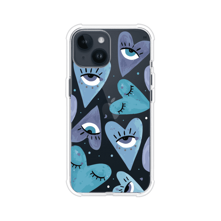 Funda para iPhone con corazones azules y ojos ilustrados, diseño artístico original y expresivo para un estilo auténtico. Producto de Remark Mx