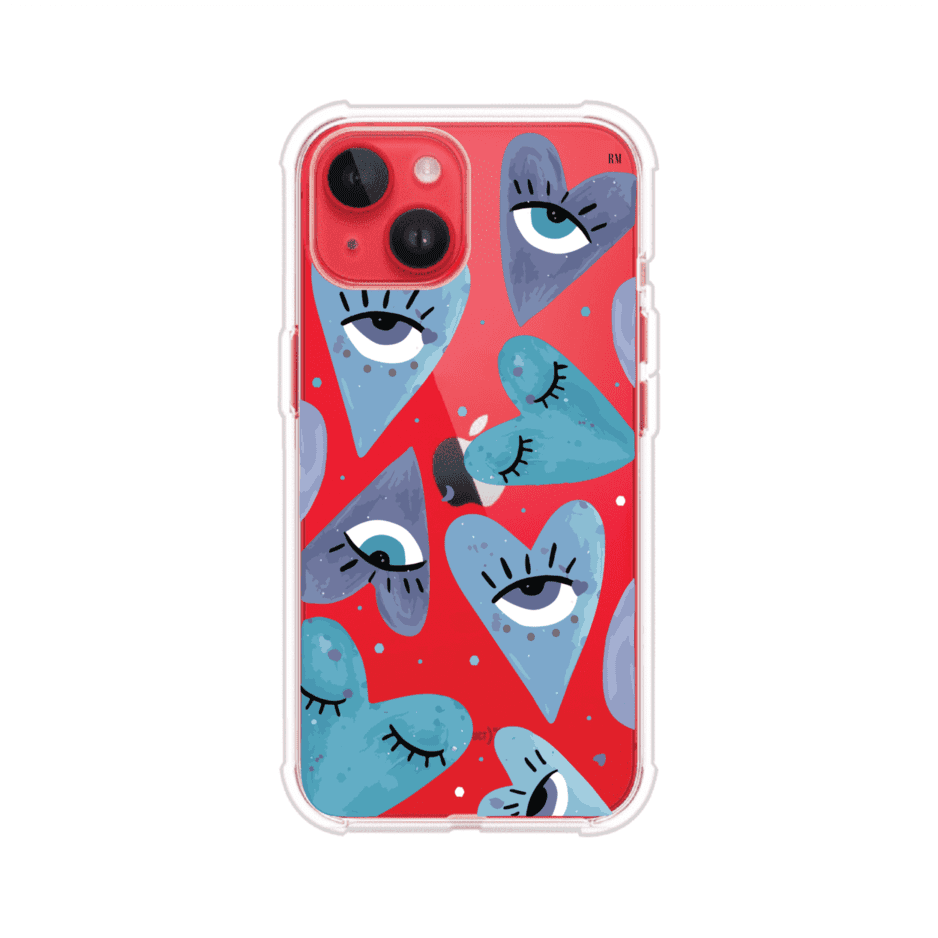 Funda para iPhone con corazones azules y ojos ilustrados, diseño artístico original y expresivo para un estilo auténtico. Producto de Remark Mx