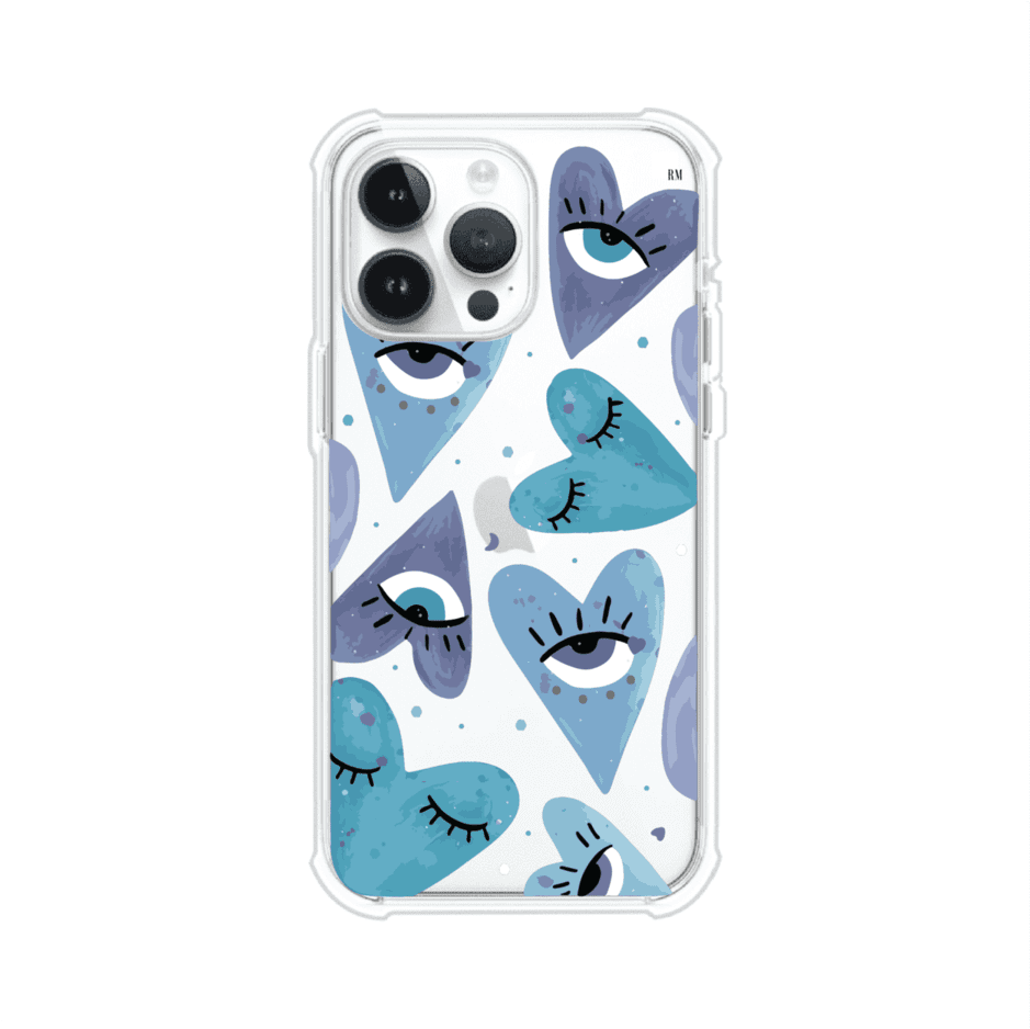 Funda para iPhone con corazones azules y ojos ilustrados, diseño artístico original y expresivo para un estilo auténtico. Producto de Remark Mx