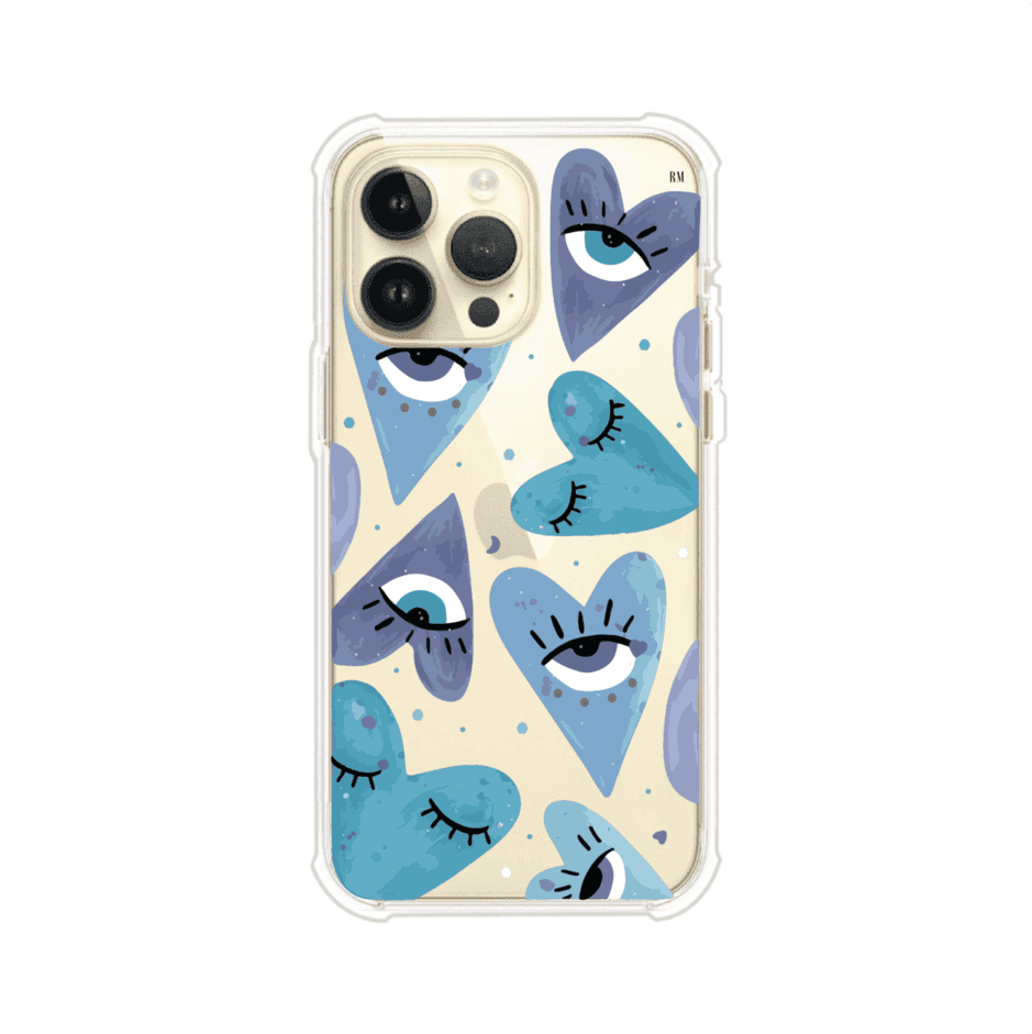 Funda para iPhone con corazones azules y ojos ilustrados, diseño artístico original y expresivo para un estilo auténtico. Producto de Remark Mx