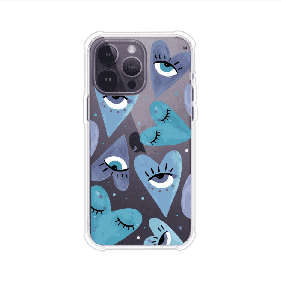Funda para iPhone con corazones azules y ojos ilustrados, diseño artístico original y expresivo para un estilo auténtico. Producto de Remark Mx