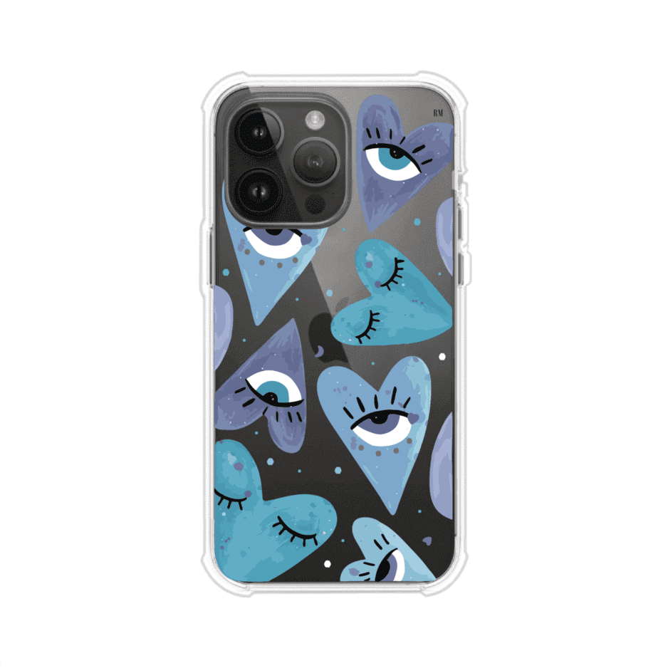 Funda para iPhone con corazones azules y ojos ilustrados, diseño artístico original y expresivo para un estilo auténtico. Producto de Remark Mx