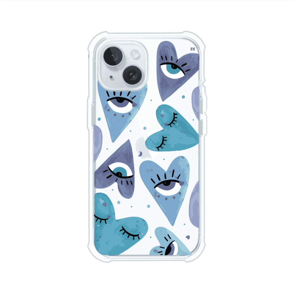 Funda para iPhone con corazones azules y ojos ilustrados, diseño artístico original y expresivo para un estilo auténtico. Producto de Remark Mx