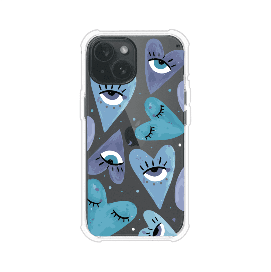 Funda para iPhone con corazones azules y ojos ilustrados, diseño artístico original y expresivo para un estilo auténtico. Producto de Remark Mx