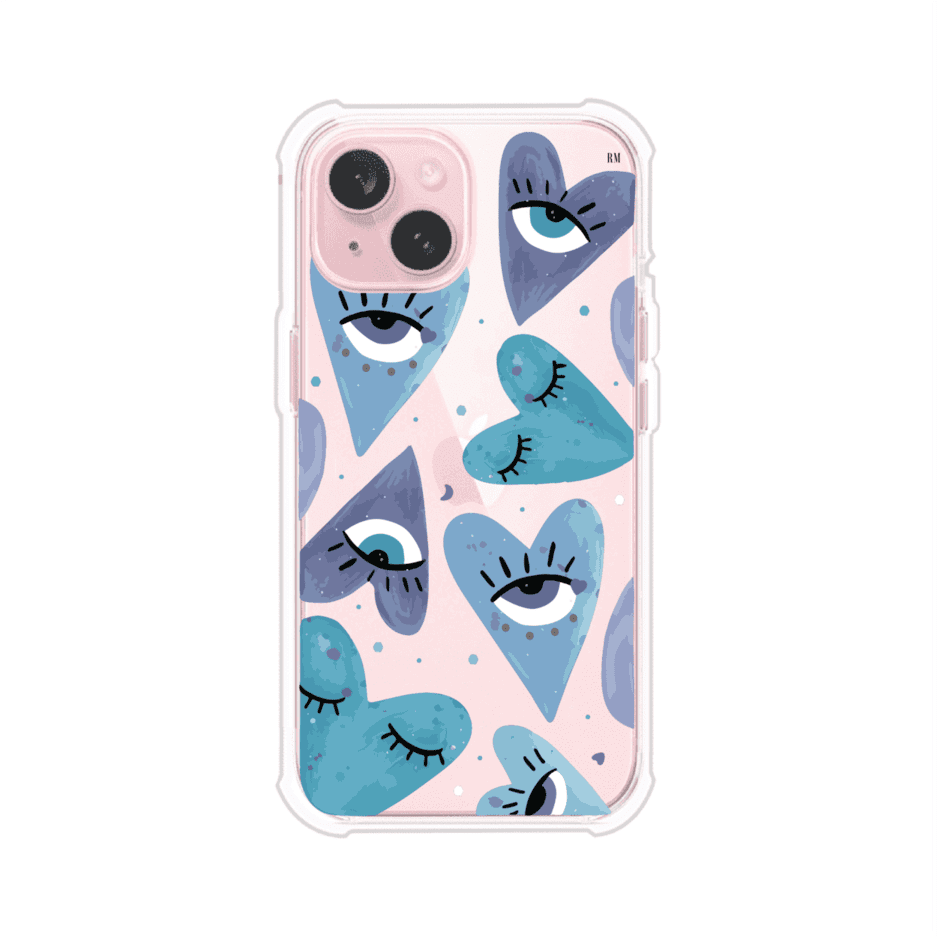 Funda para iPhone con corazones azules y ojos ilustrados, diseño artístico original y expresivo para un estilo auténtico. Producto de Remark Mx