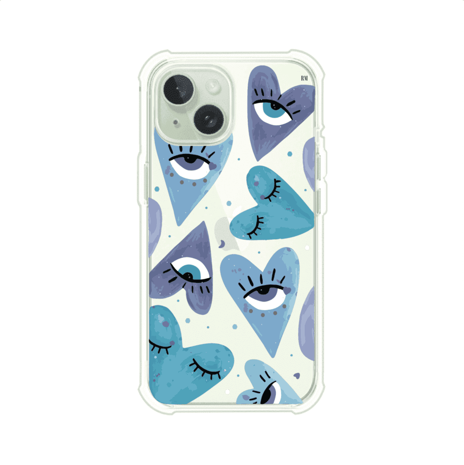 Funda para iPhone con corazones azules y ojos ilustrados, diseño artístico original y expresivo para un estilo auténtico. Producto de Remark Mx