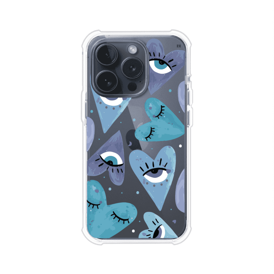 Funda para iPhone con corazones azules y ojos ilustrados, diseño artístico original y expresivo para un estilo auténtico. Producto de Remark Mx