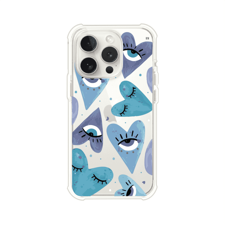 Funda para iPhone con corazones azules y ojos ilustrados, diseño artístico original y expresivo para un estilo auténtico. Producto de Remark Mx