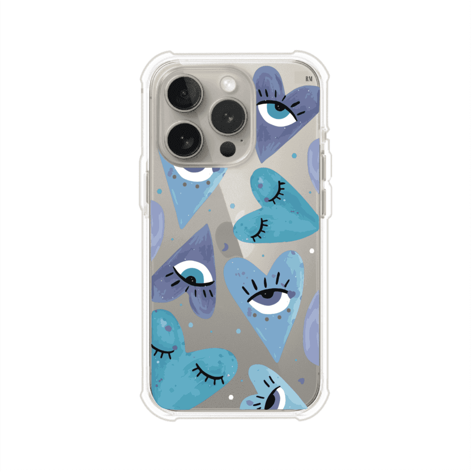 Funda para iPhone con corazones azules y ojos ilustrados, diseño artístico original y expresivo para un estilo auténtico. Producto de Remark Mx