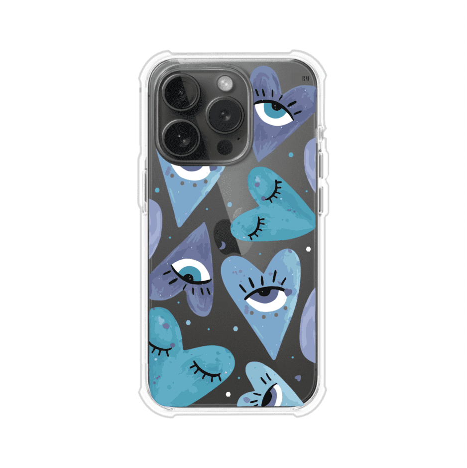Funda para iPhone con corazones azules y ojos ilustrados, diseño artístico original y expresivo para un estilo auténtico. Producto de Remark Mx