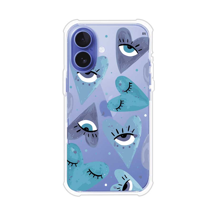 Funda para iPhone con corazones azules y ojos ilustrados, diseño artístico original y expresivo para un estilo auténtico. Producto de Remark Mx
