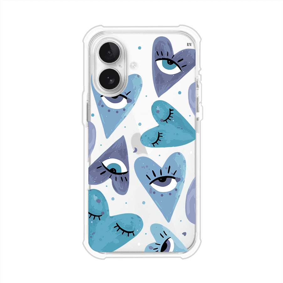 Funda para iPhone con corazones azules y ojos ilustrados, diseño artístico original y expresivo para un estilo auténtico. Producto de Remark Mx